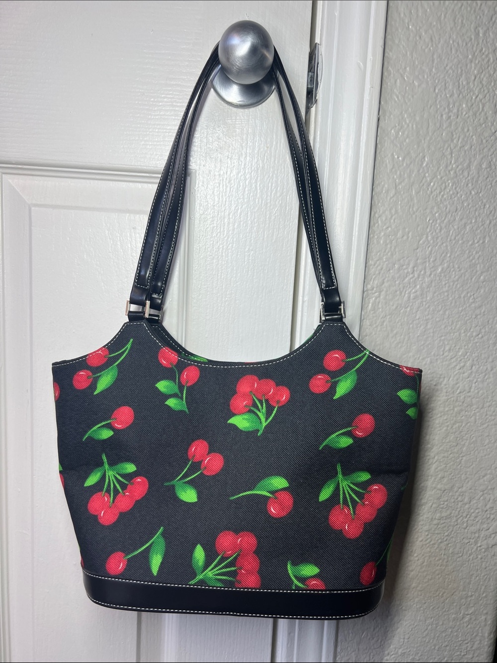Cherry Print Black Tote Handbag